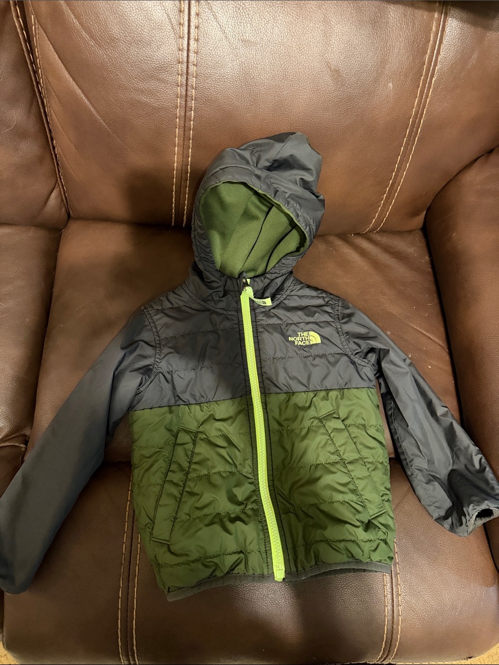 The North Face Green and Gray Reversible Kids Hooded Zip Up Jacket